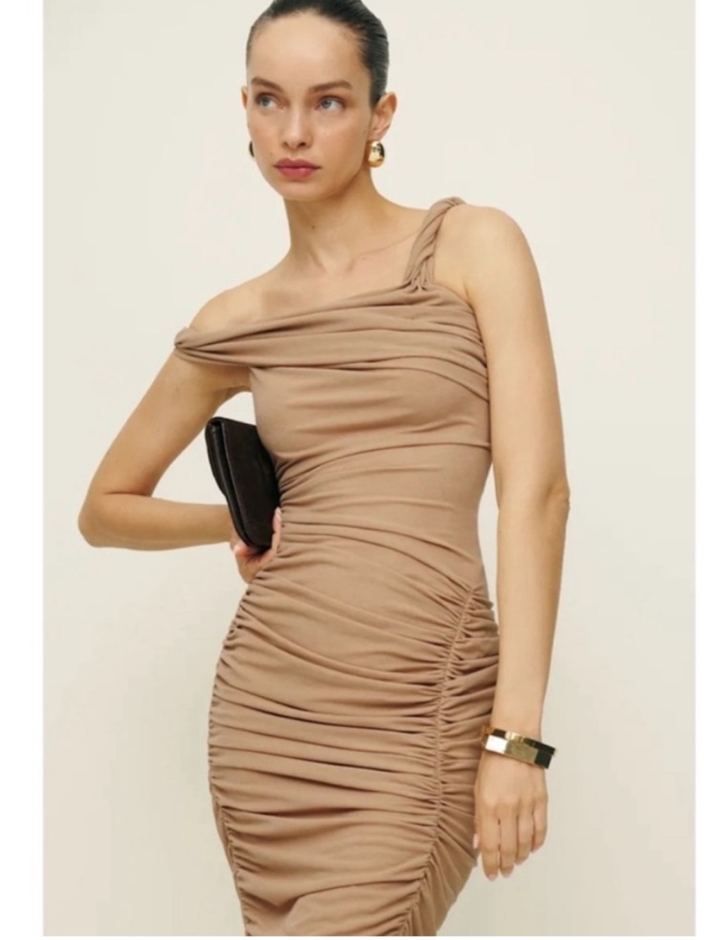 Reformation x Laura Harrier Alycia ruched knitted midi dress PRALINE